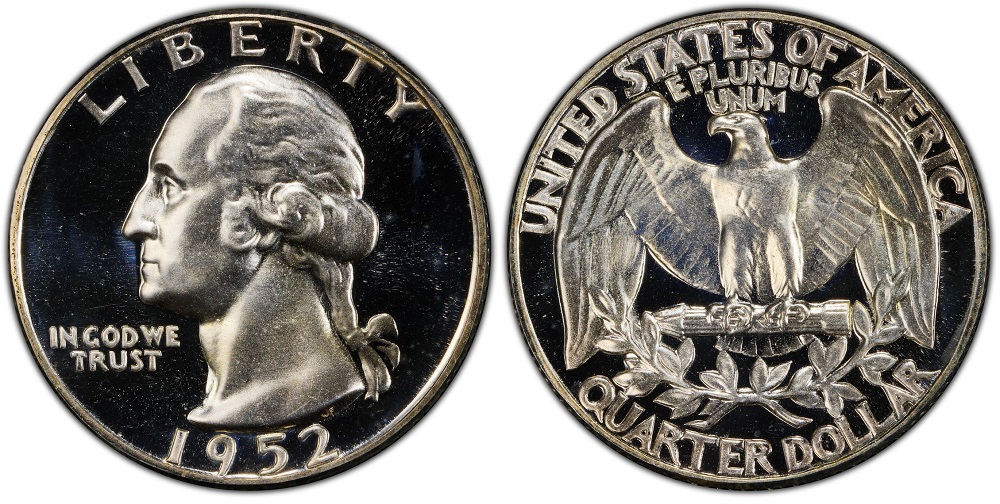 Side-by-side comparison of regular 1952 proof quarter reverse versus 1952 Superbird FS-901 proof showing the S-shaped die mark on the eagle's chest