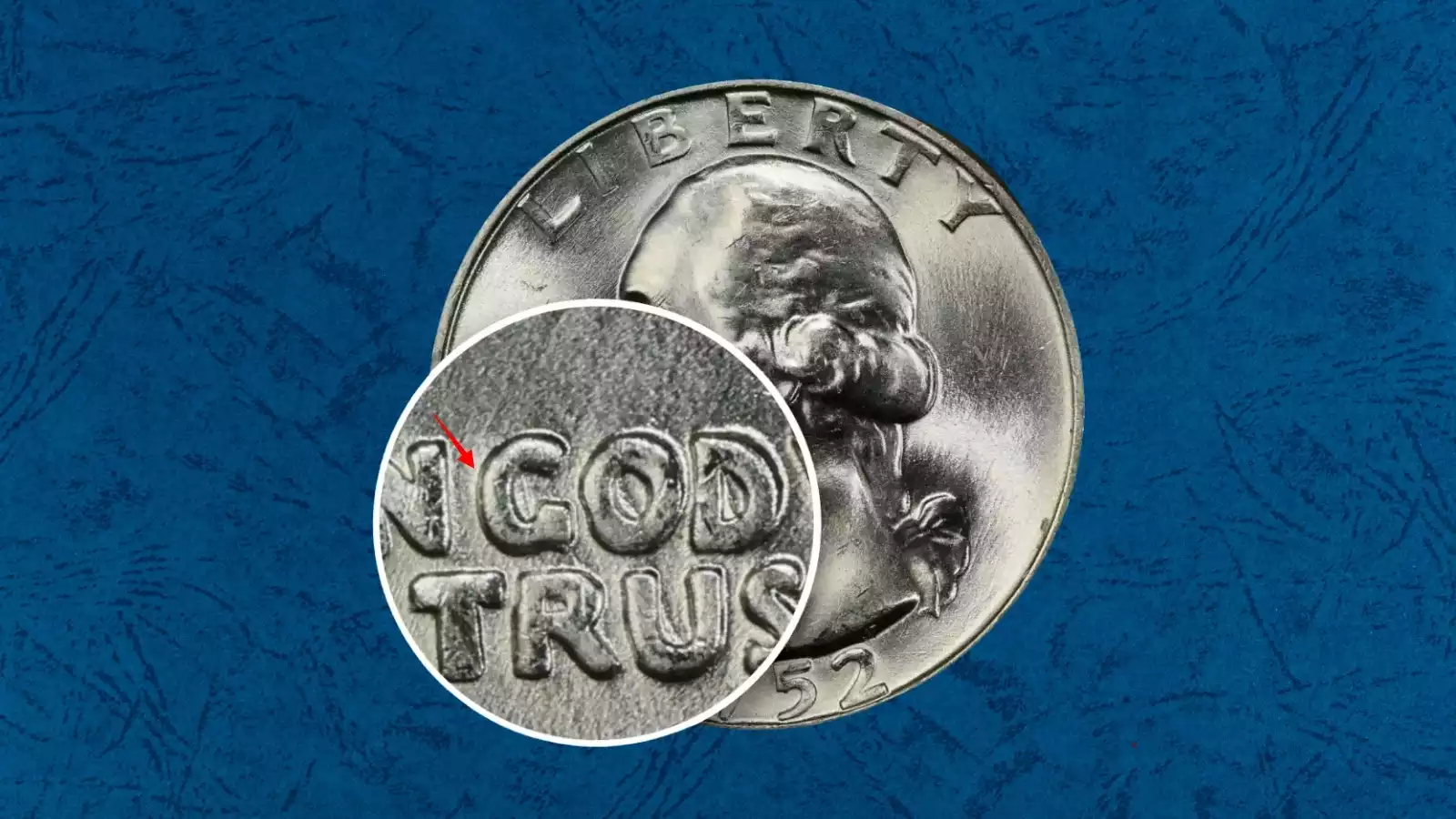 Close-up of the 1952-D Doubled Die Obverse FS-101 showing doubling on IN GOD WE TRUST and LIBERTY lettering