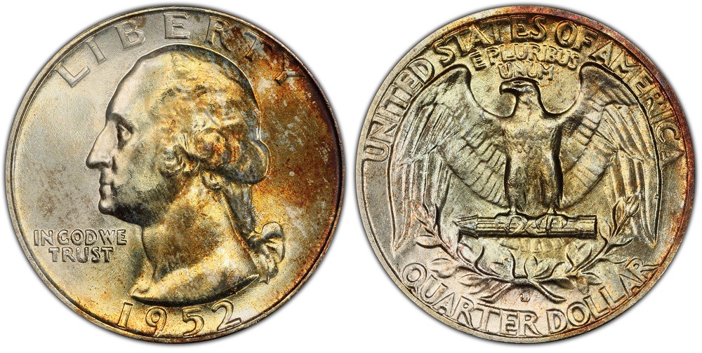 Grading strip showing four 1952 Washington quarters in conditions ranging from worn Good to Gem MS-65 Uncirculated